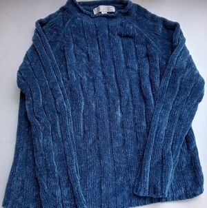 Carolyn Taylor Women's Deep Blue Chenille Cable Knit Sweater, Mock Neck,  Med